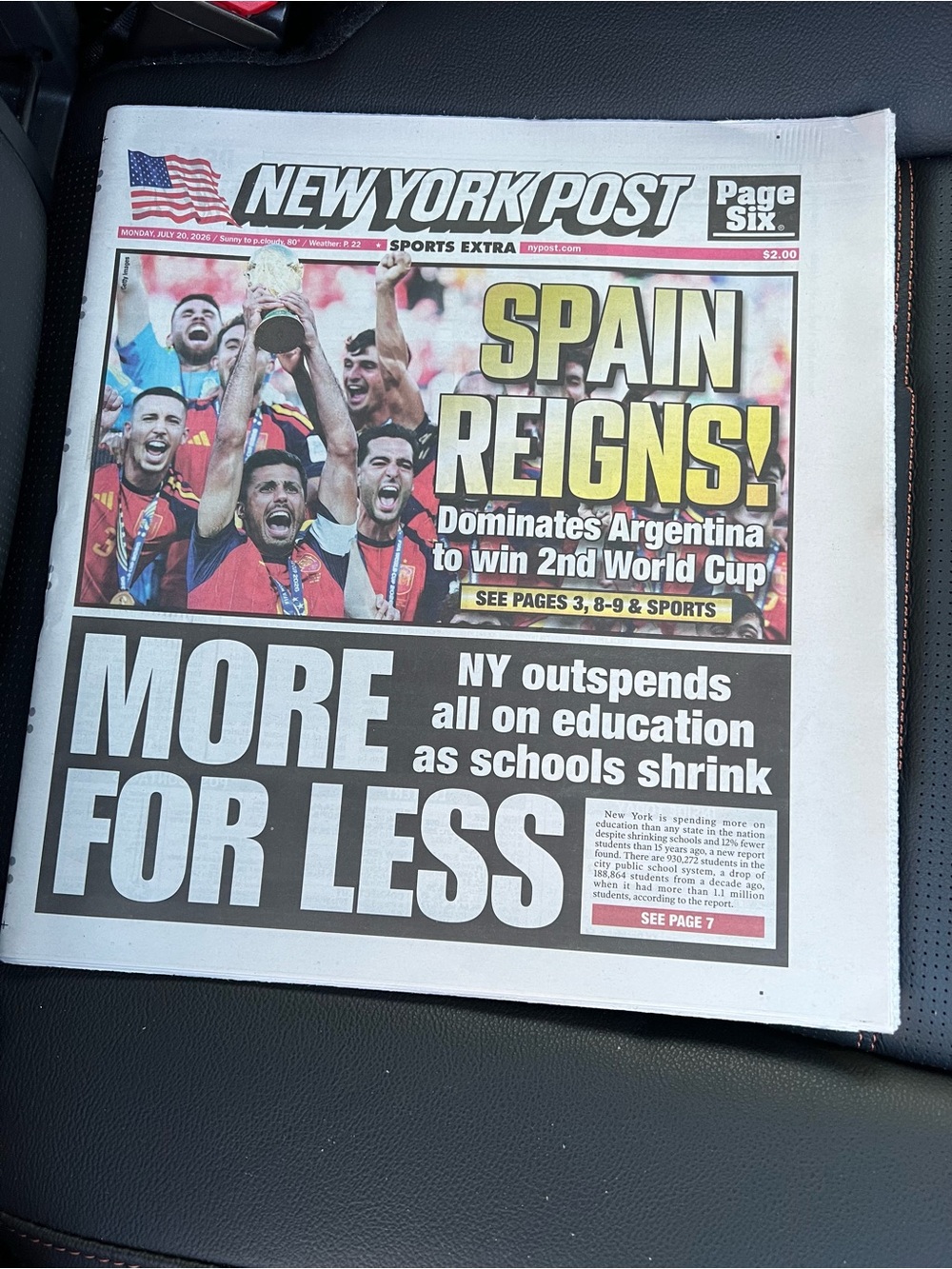 July 20, 2026 - Spain wins World Cup Full Newspaper NY Post